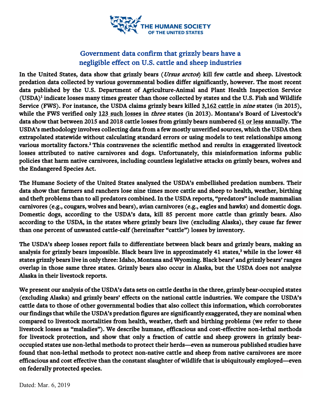 Government Data Confirm That Grizzly Bears Have a Negligible Effect on U.S. Cattle and Sheep Industries