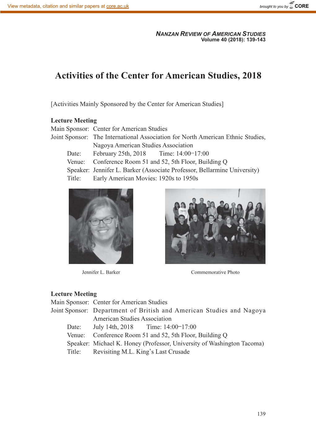 Activities of the Center for American Studies, 2018