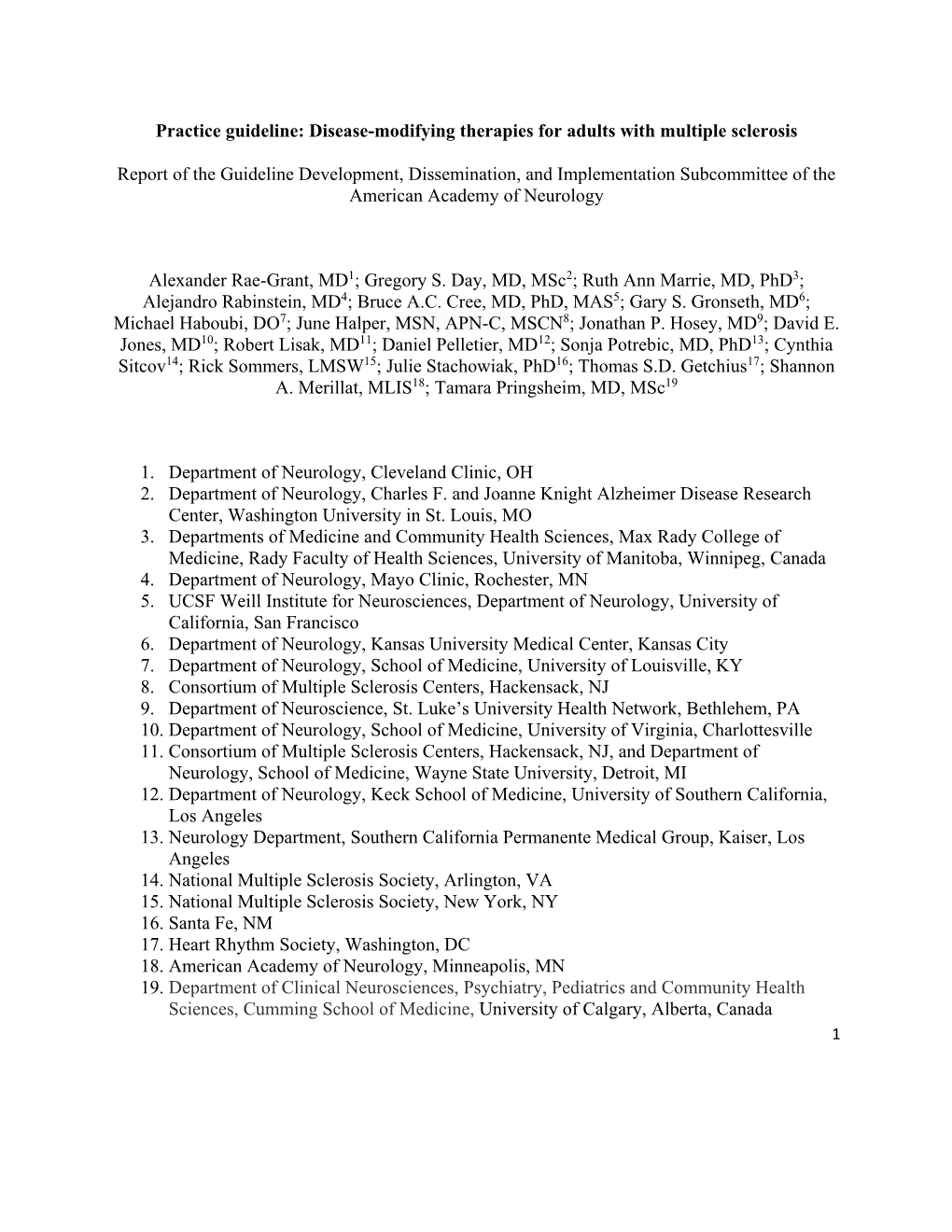 Practice Guideline: Disease-Modifying Therapies for Adults with Multiple Sclerosis