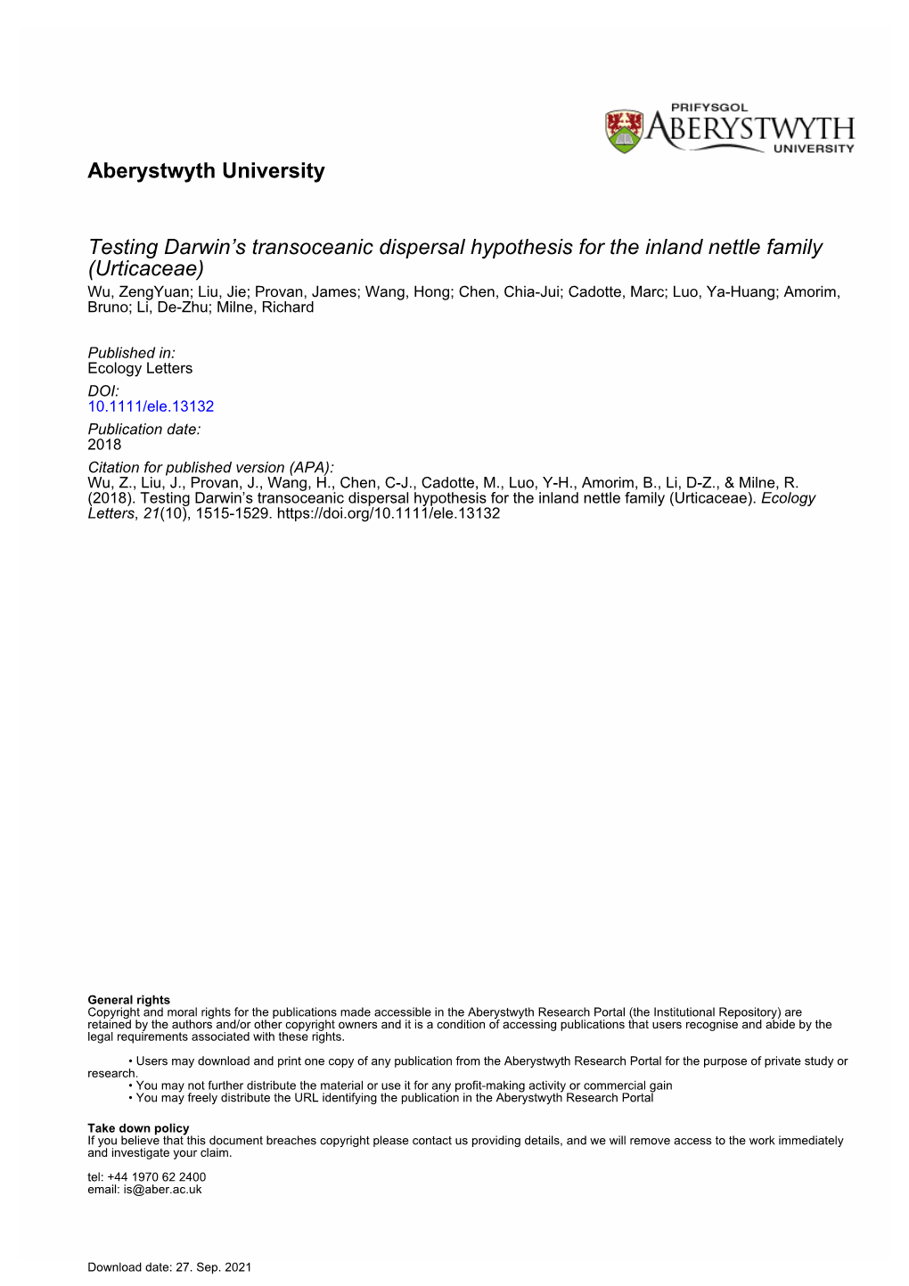 Testing Darwin's Transoceanic Dispersal Hypothesis for the Inland