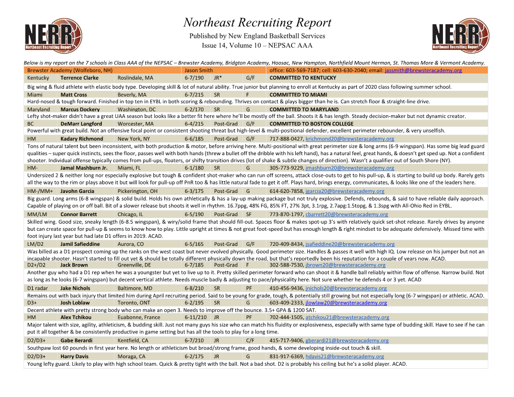 Northeast Recruiting Report Published by New England Basketball Services Issue 14, Volume 10 – NEPSAC AAA