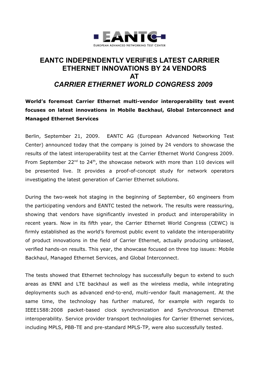 Eantc Independently Verifies Latest Carrier Ethernet Innovations by 24 Vendors at Carrier