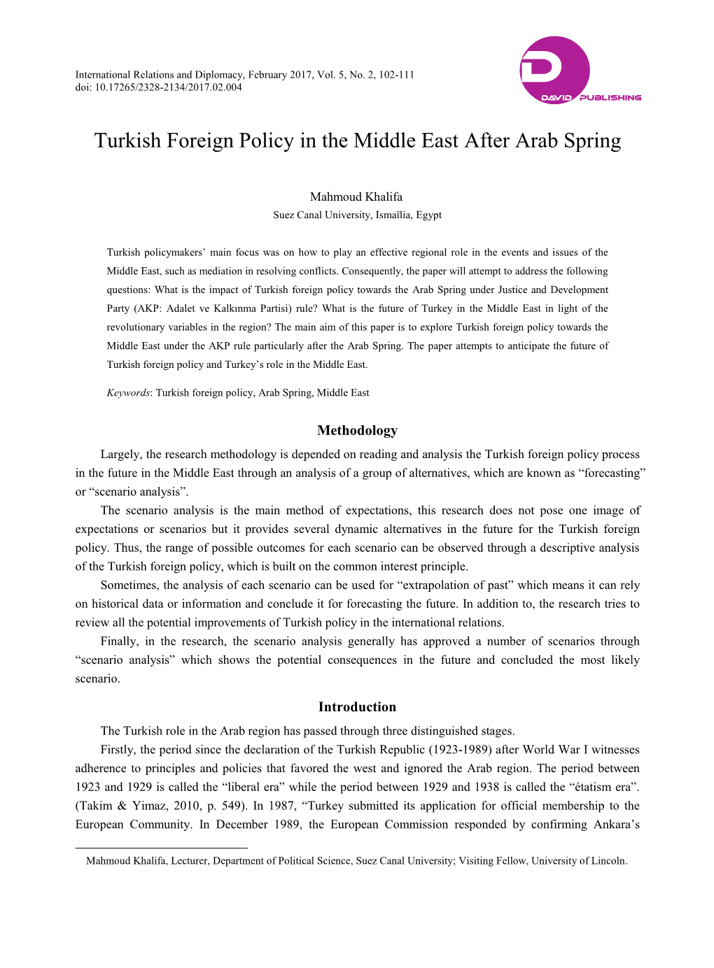 Turkish Foreign Policy in the Middle East After Arab Spring