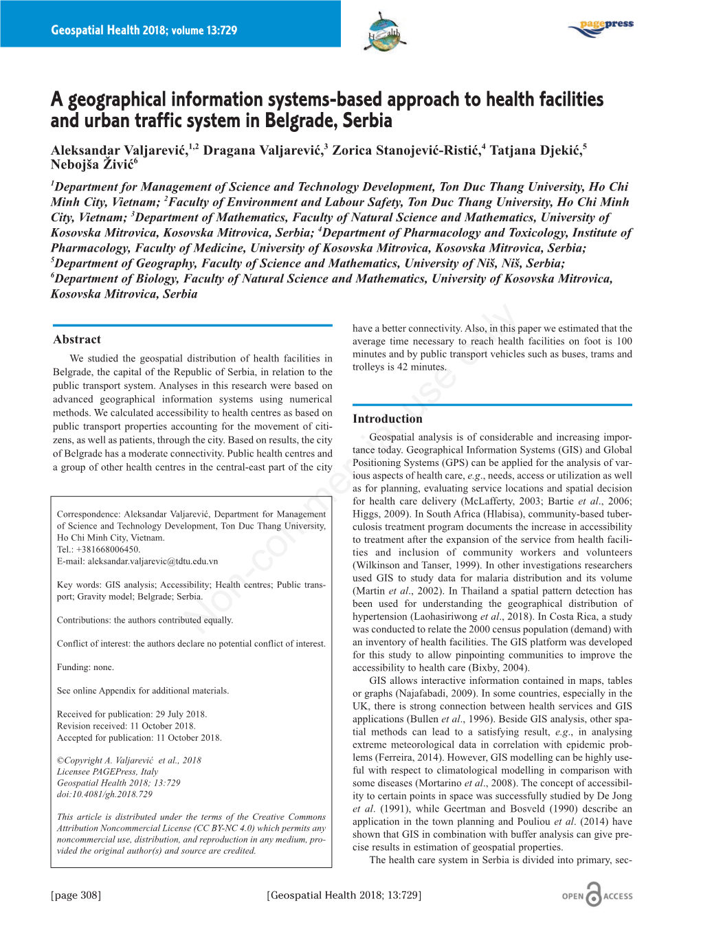 A Geographical Information Systems-Based Approach to Health Facilities and Urban Traffic System in Belgrade, Serbia