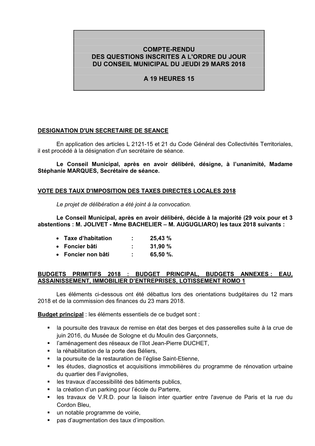 Compte-Rendu Des Questions Inscrites a L'ordre Du Jour Du Conseil Municipal Du Jeudi 29 Mars 2018