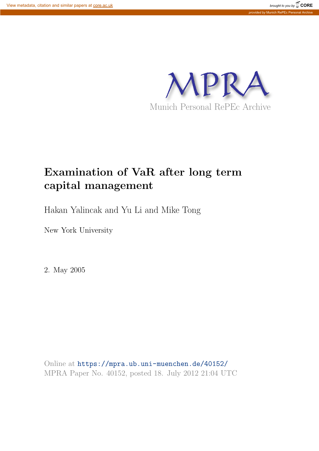 Examination of Var After Long Term Capital Management