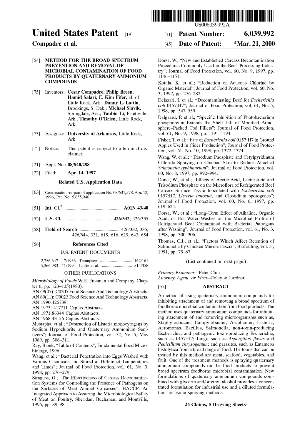United States Patent (19) 11 Patent Number: 6,039,992 Compadre Et Al