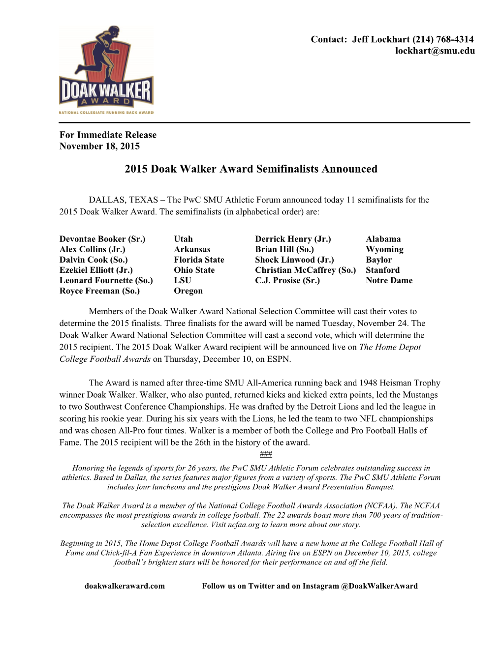 2015 Doak Walker Award Semifinalists Announced