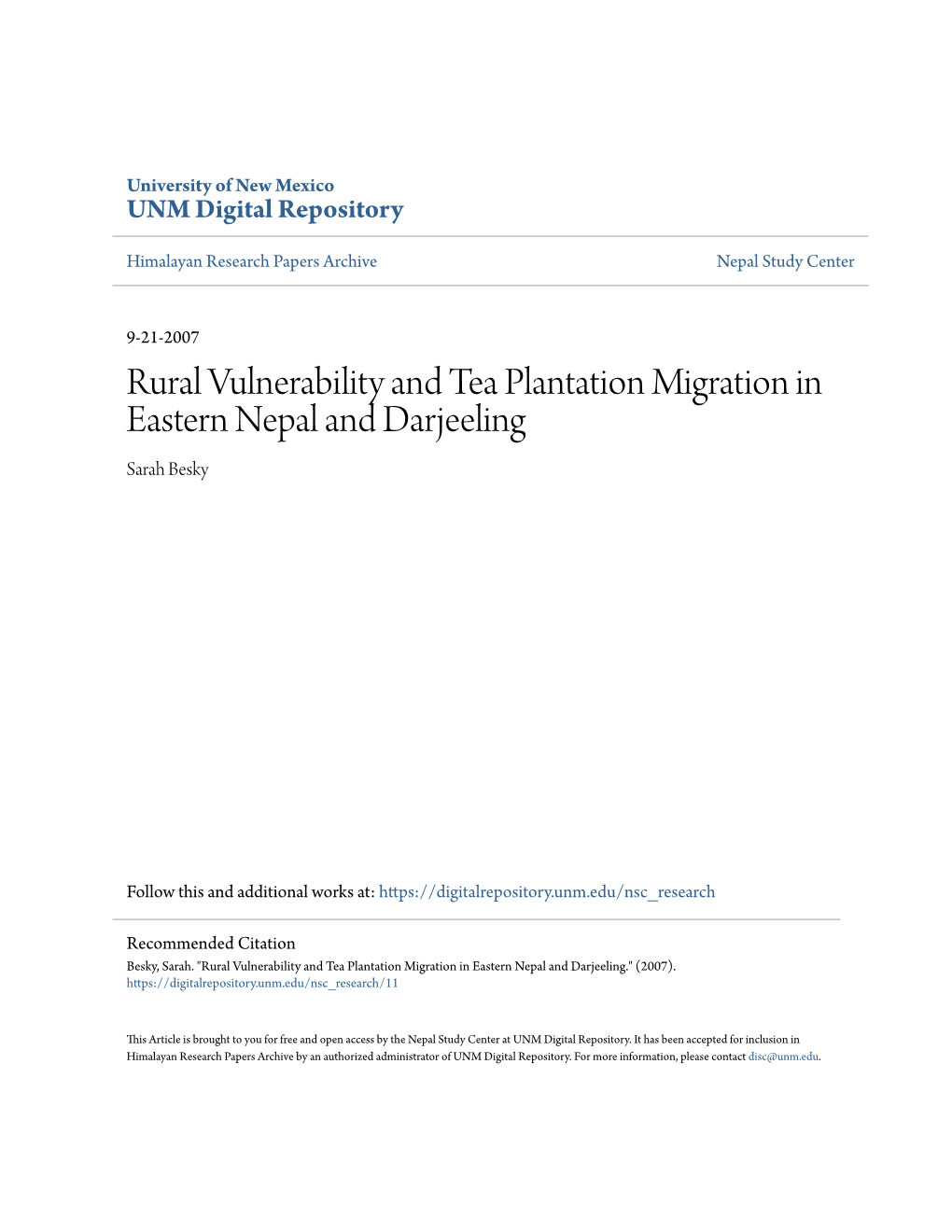 Rural Vulnerability and Tea Plantation Migration in Eastern Nepal and Darjeeling Sarah Besky