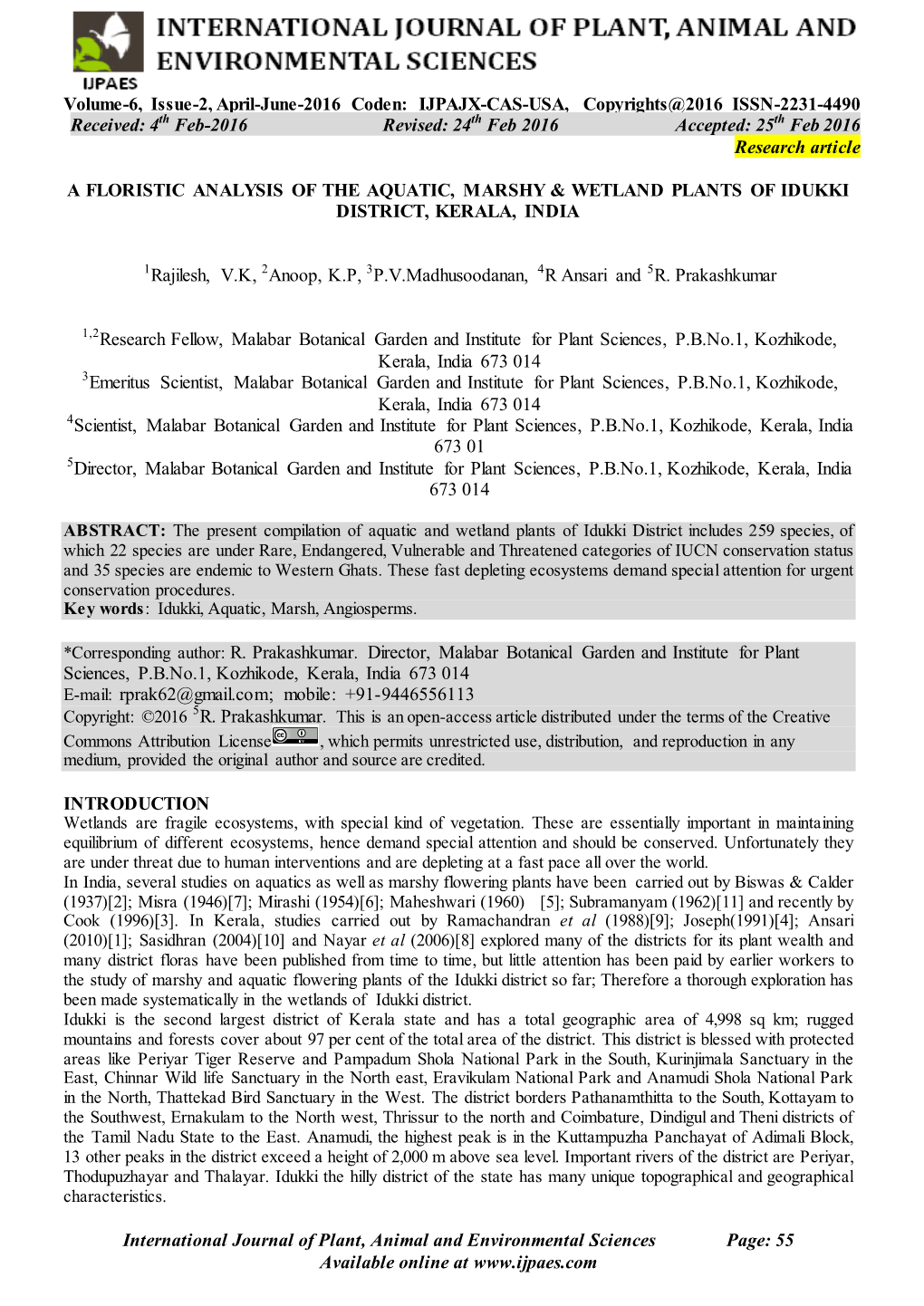 A Floristic Analysis of the Aquatic, Marshy & Wetland Plants of Idukki