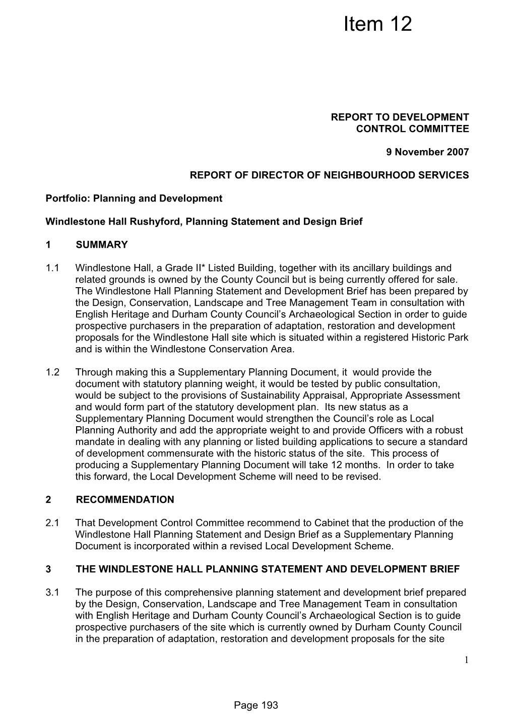 Windlestone Hall Rushyford, Planning Statement and Design Brief