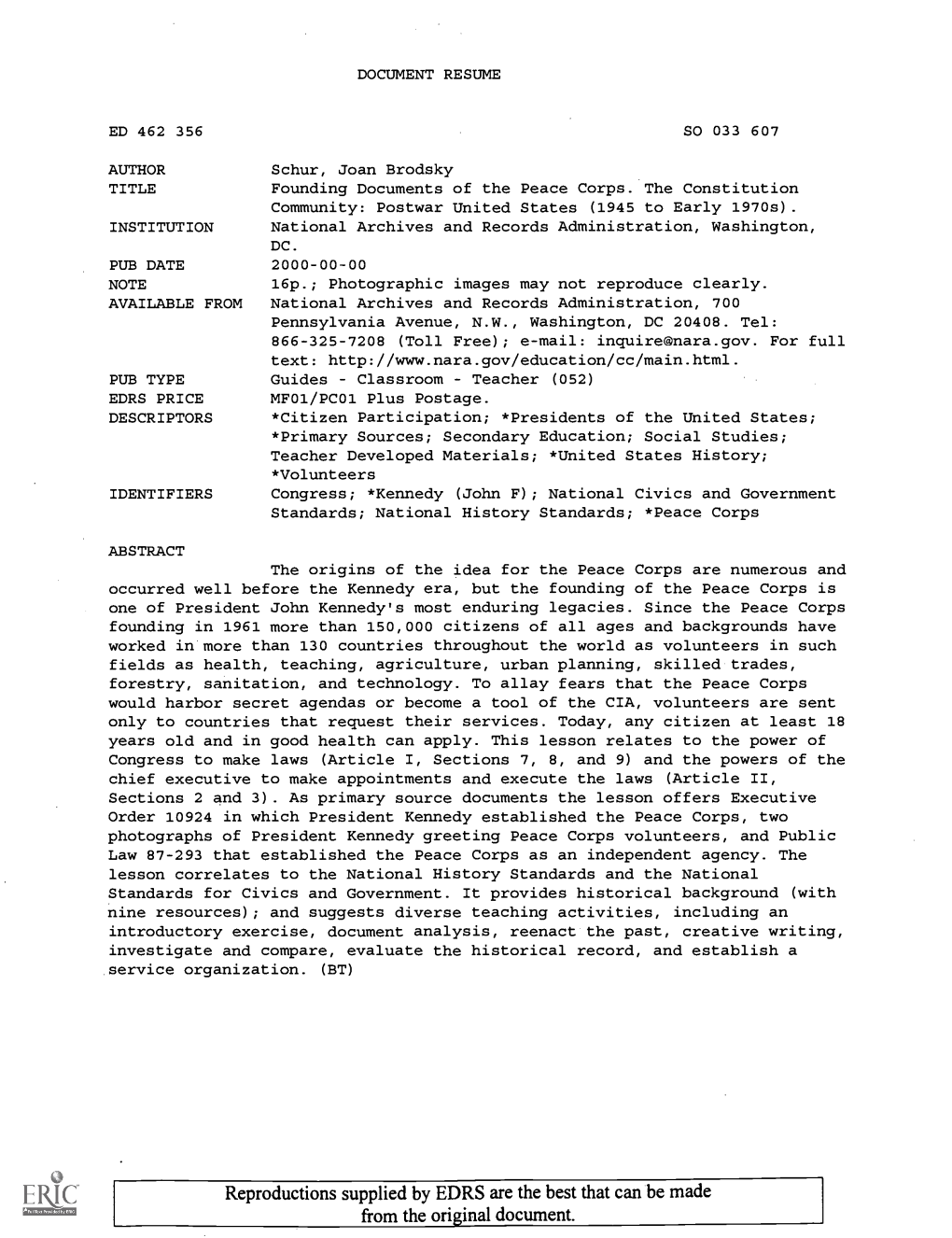 Founding Documents of the Peace Corps. the Constitution Community: Postwar United States (1945 to Early 1970S)