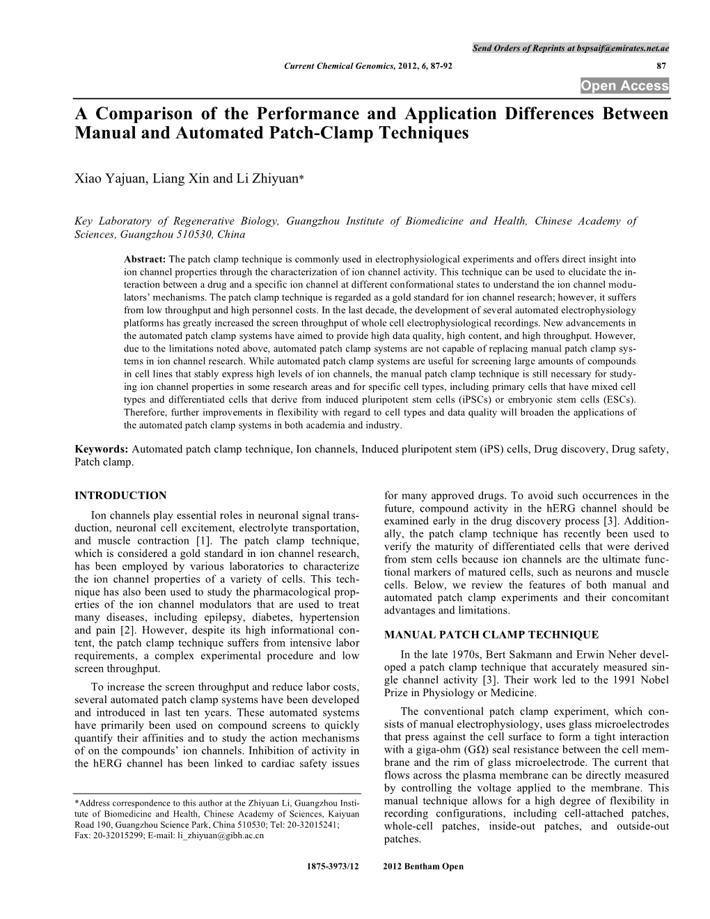 A Comparison of the Performance and Application Differences Between Manual and Automated Patch-Clamp Techniques