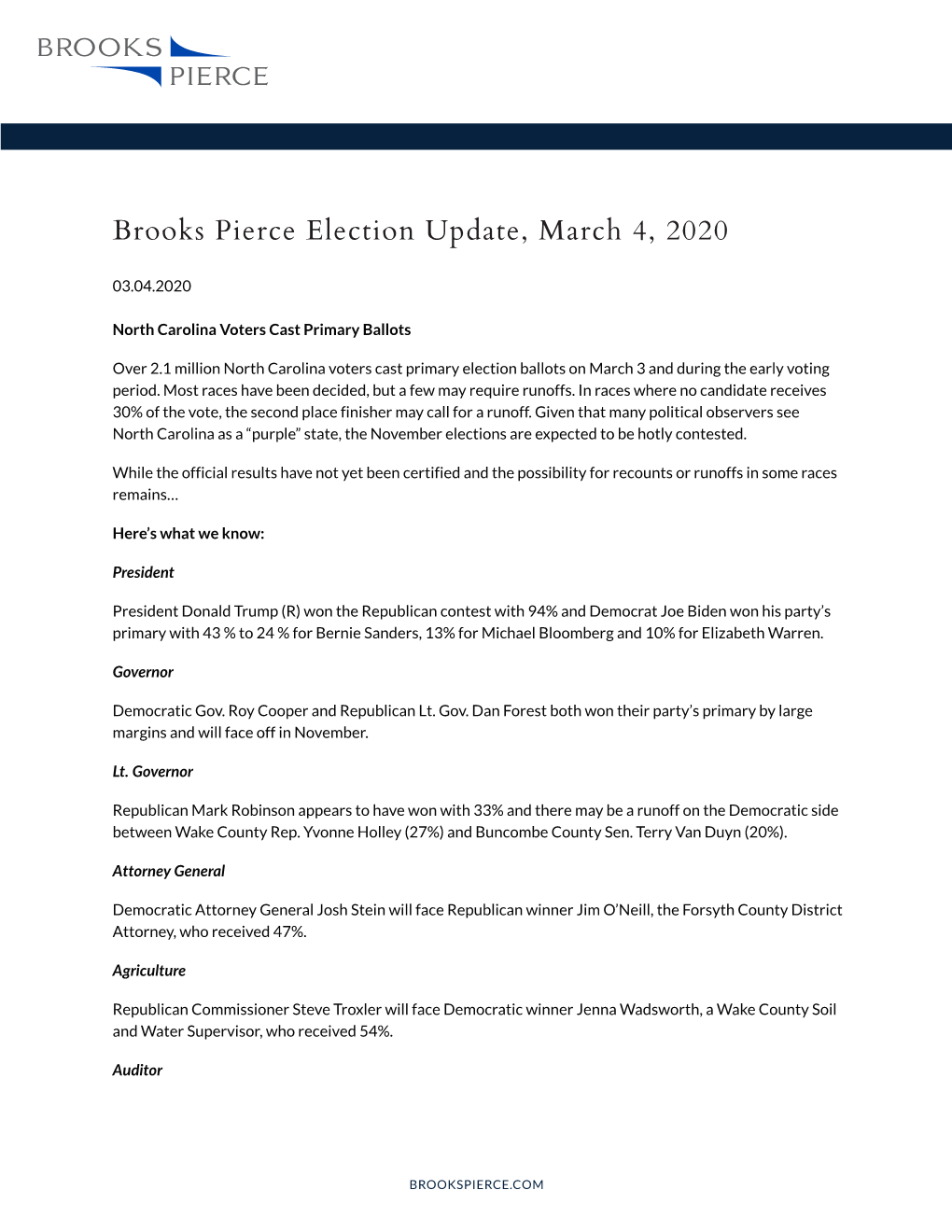 Brooks Pierce Election Update, March 4, 2020