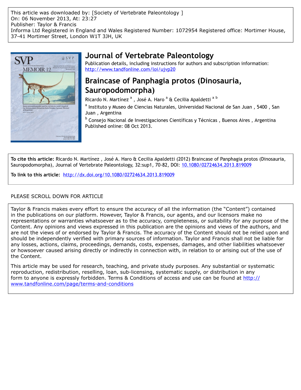 Journal of Vertebrate Paleontology Braincase Of