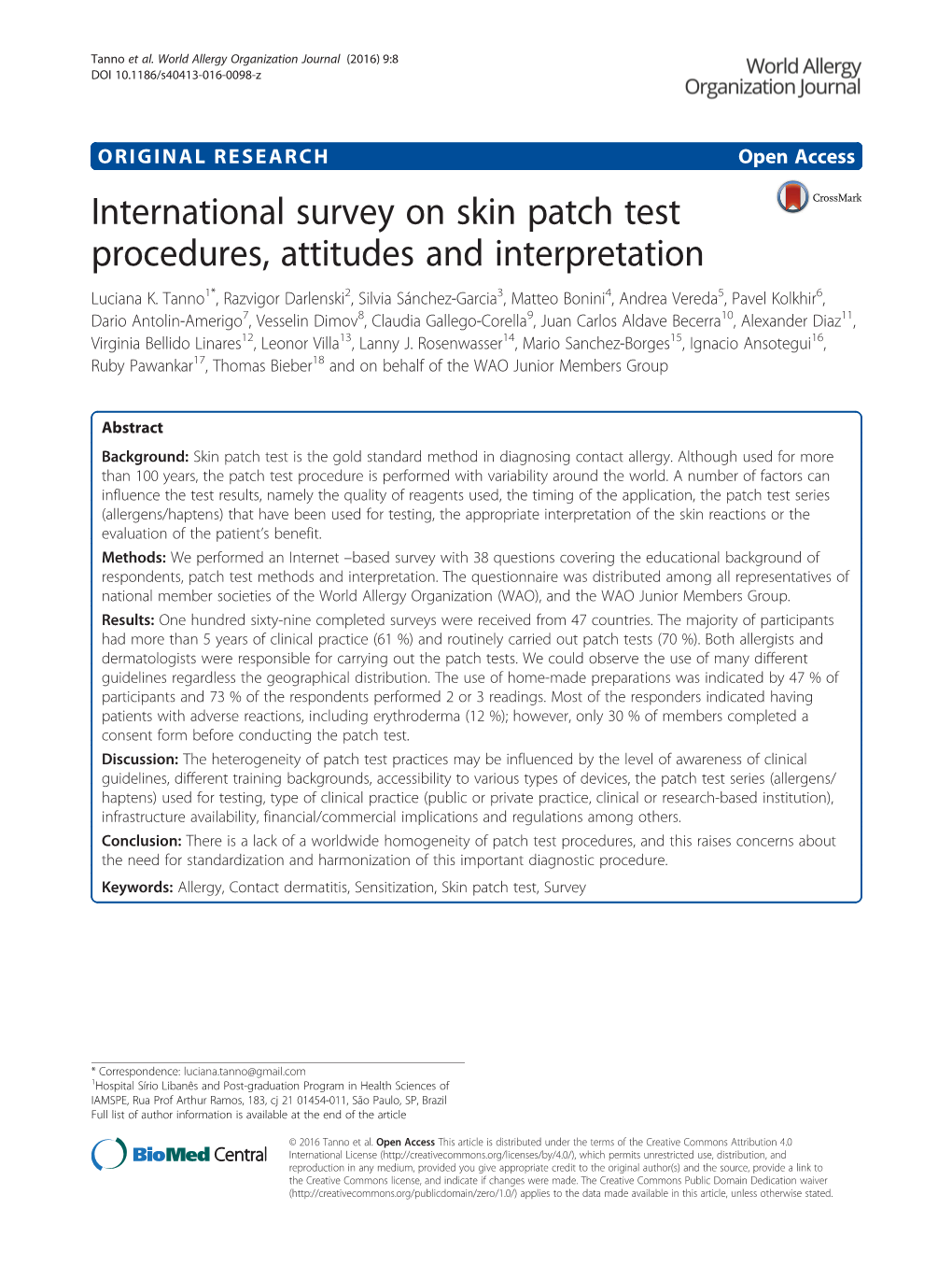 International Survey on Skin Patch Test Procedures, Attitudes and Interpretation Luciana K