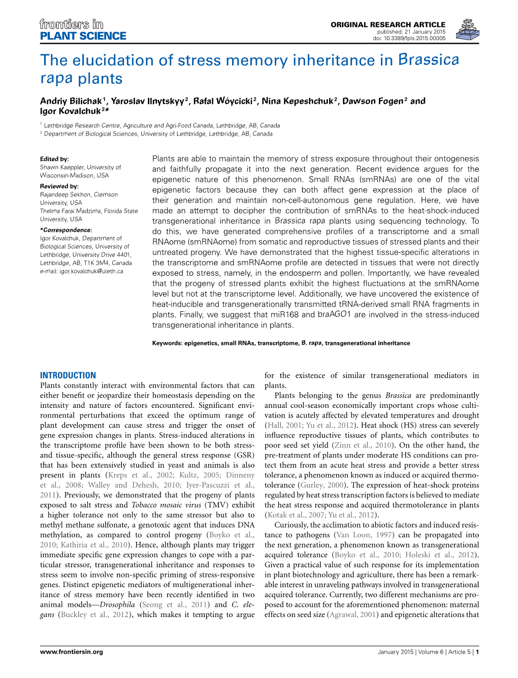 The Elucidation of Stress Memory Inheritance in Brassica Rapa Plants