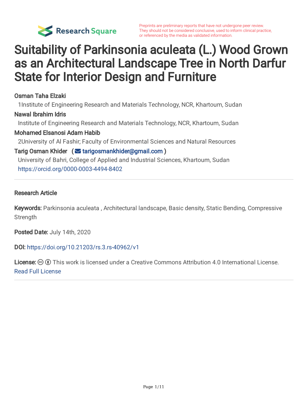 Suitability of Parkinsonia Aculeata (L.) Wood Grown As an Architectural Landscape Tree in North Darfur State for Interior Design and Furniture