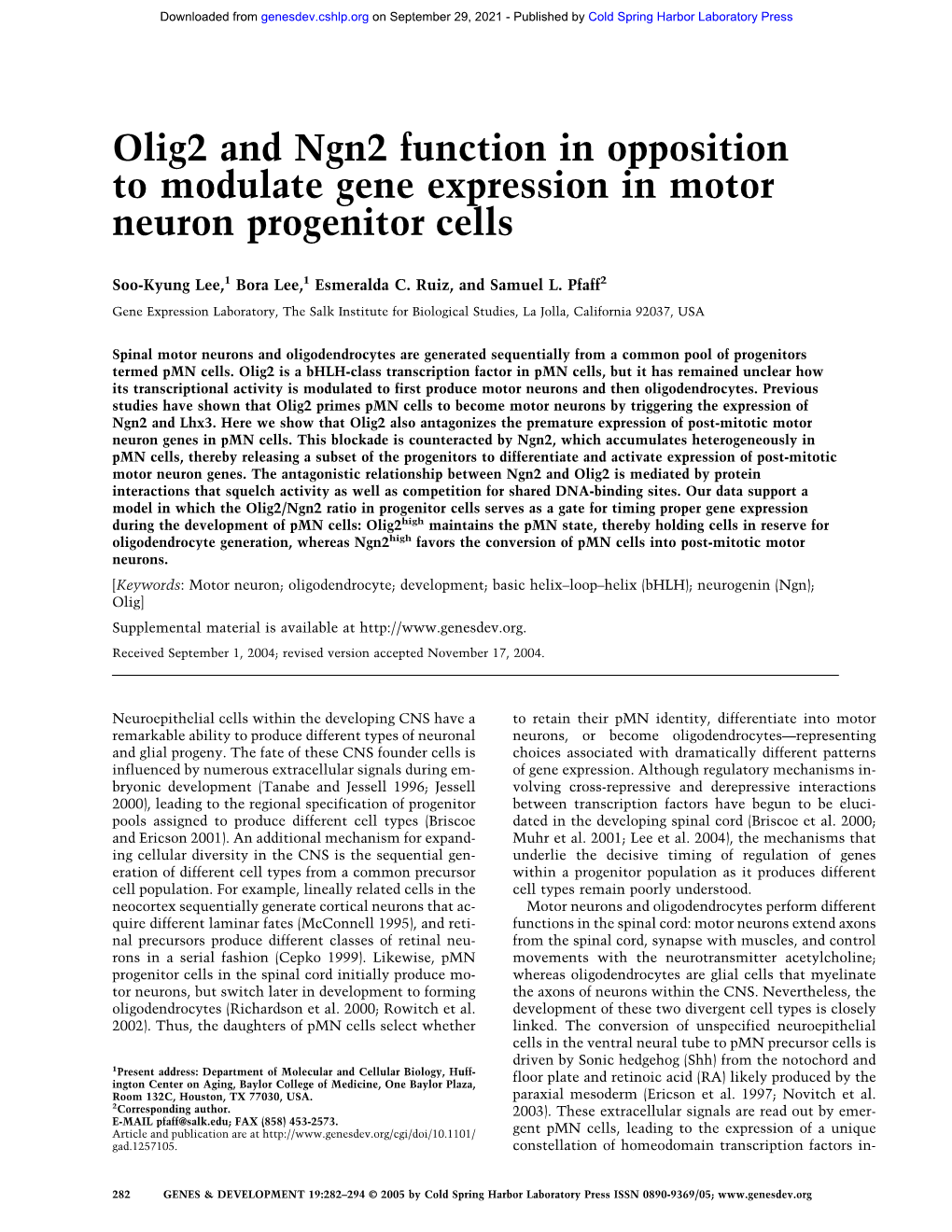 Olig2 and Ngn2 Function in Opposition to Modulate Gene Expression in Motor Neuron Progenitor Cells