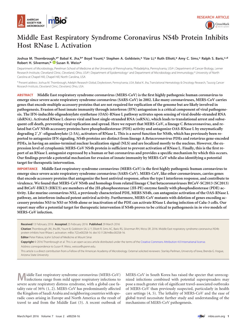 Middle East Respiratory Syndrome Coronavirus Ns4b Protein Inhibits Host Rnase L Activation