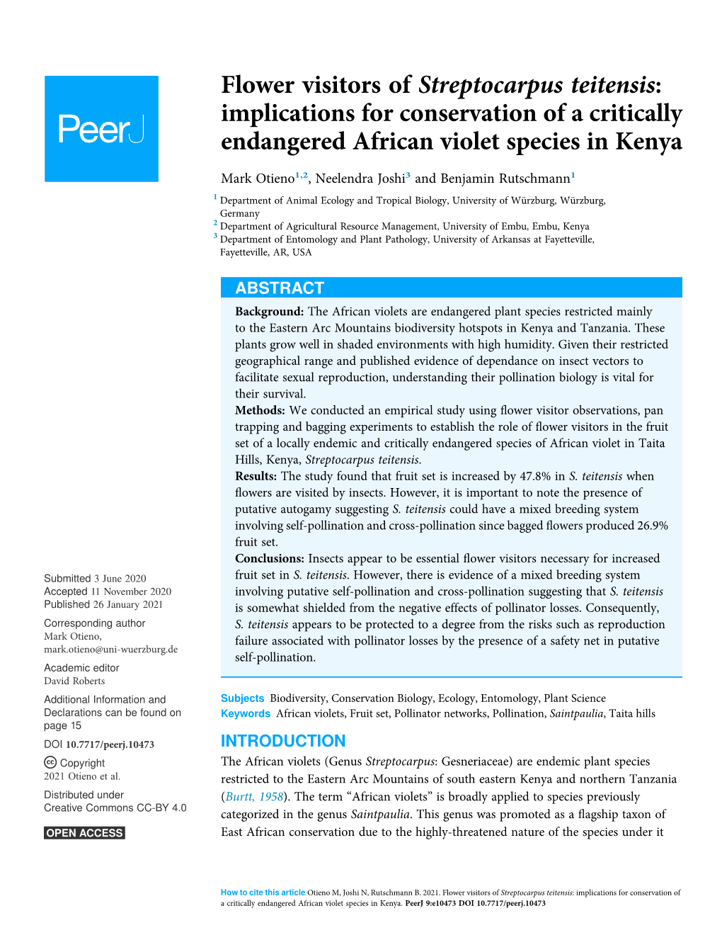 Flower Visitors of Streptocarpus Teitensis: Implications for Conservation of a Critically Endangered African Violet Species in Kenya