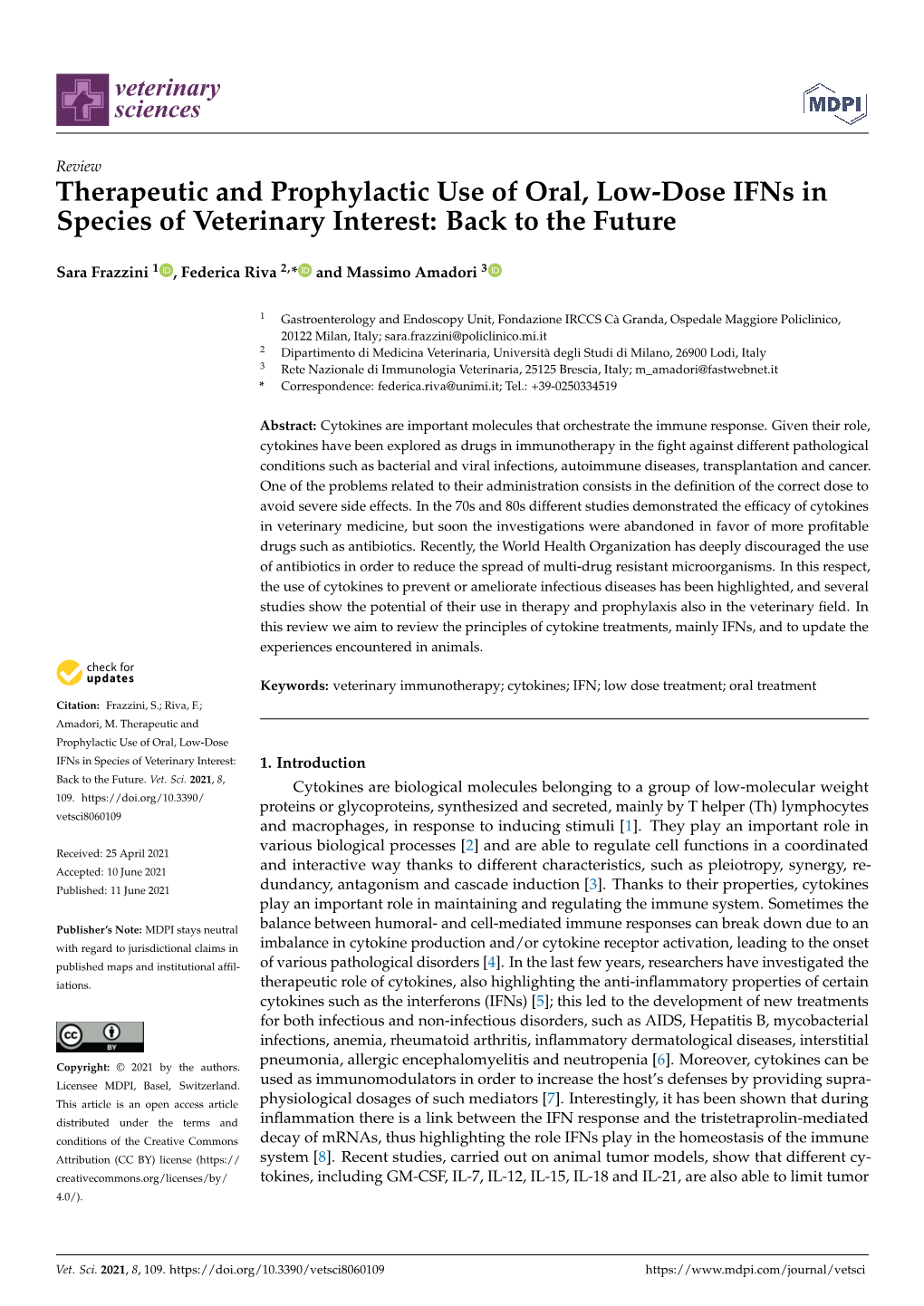 Therapeutic and Prophylactic Use of Oral, Low-Dose Ifns in Species of Veterinary Interest: Back to the Future