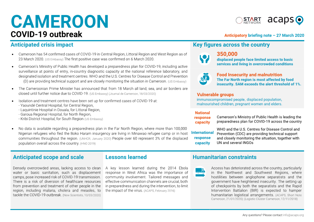 CAMEROON COVID-19 Outbreak Anticipatory Briefing Note – 27 March 2020