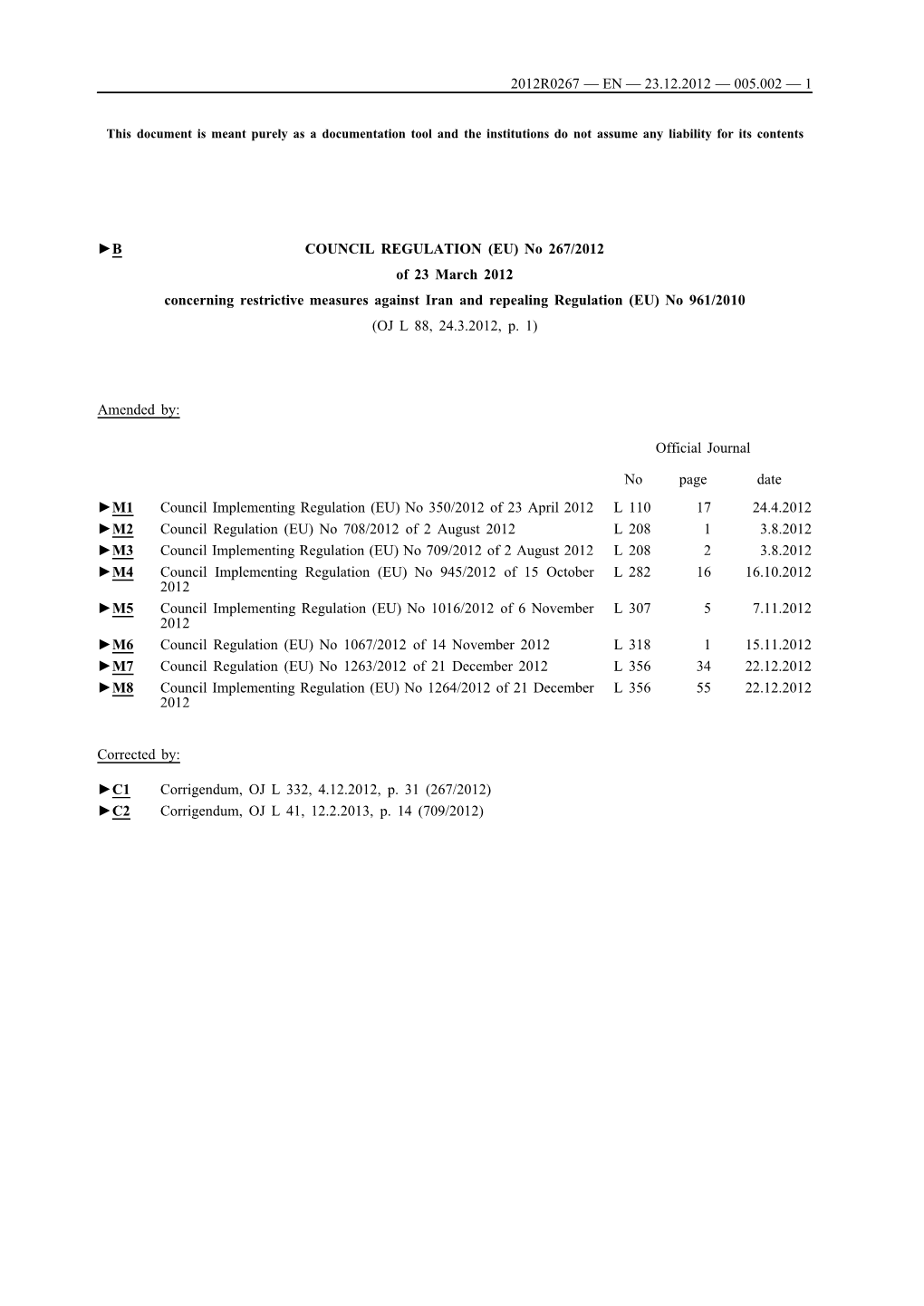 B COUNCIL REGULATION (EU) No 267/2012 of 23 March 2012 Concerning Restrictive Measures Against Iran and Repealing Regulation (EU) No 961/2010 (OJ L 88, 24.3.2012, P