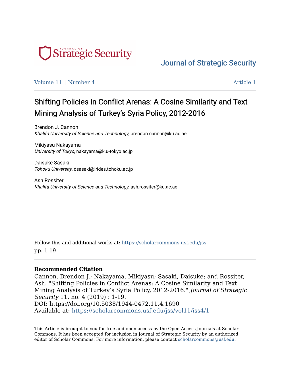 Shifting Policies in Conflict Arenas: a Cosine Similarity and Text Mining Analysis of Turkey’S Syria Policy, 2012-2016