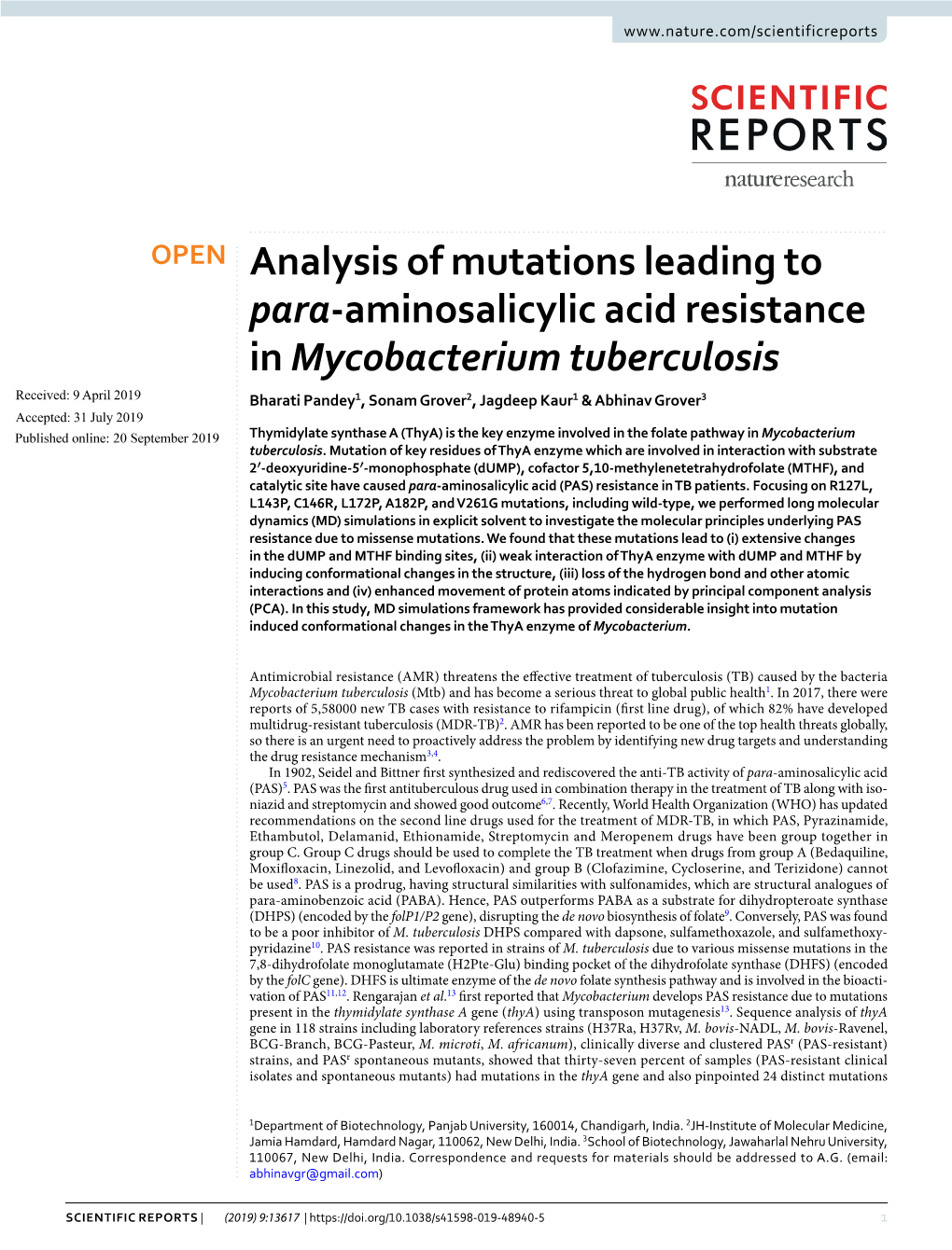 Analysis of Mutations Leading to Para-Aminosalicylic Acid Resistance in Mycobacterium Tuberculosis