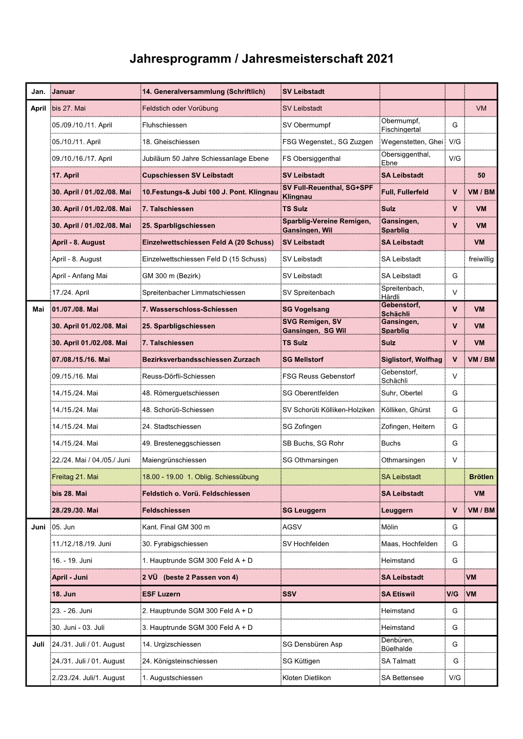 Jahresprogramm / Meisterschaft 2021