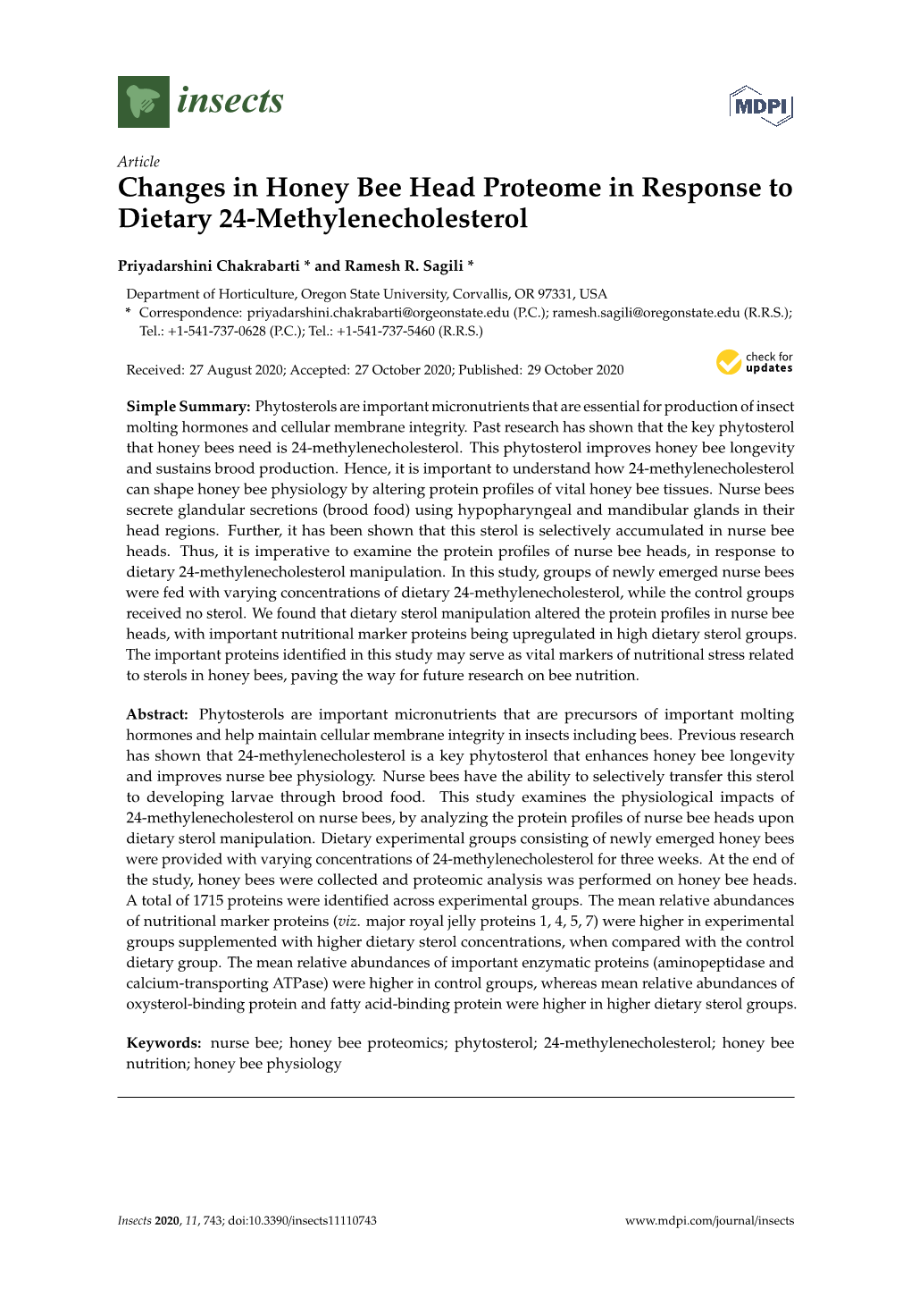 Changes in Honey Bee Head Proteome in Response to Dietary 24-Methylenecholesterol