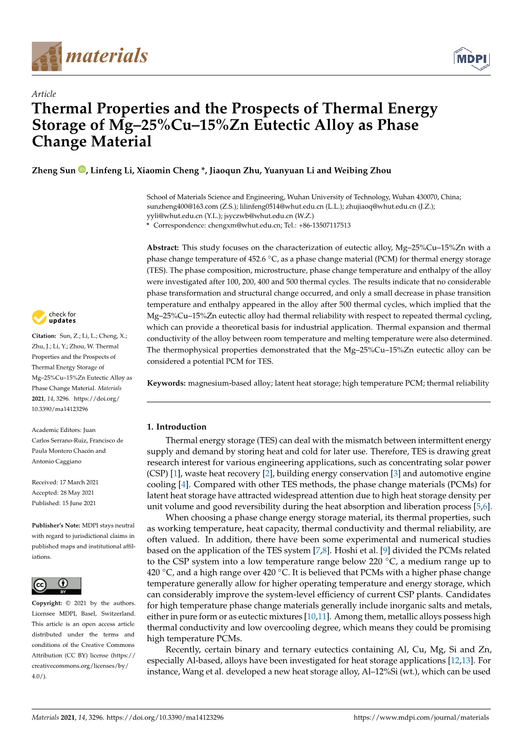 Thermal Properties and the Prospects of Thermal Energy Storage of Mg–25%Cu–15%Zn Eutectic Alloy As Phasechange Material