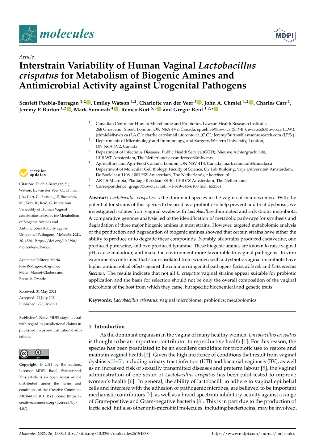 Interstrain Variability of Human Vaginal Lactobacillus Crispatus for Metabolism of Biogenic Amines and Antimicrobial Activity Against Urogenital Pathogens