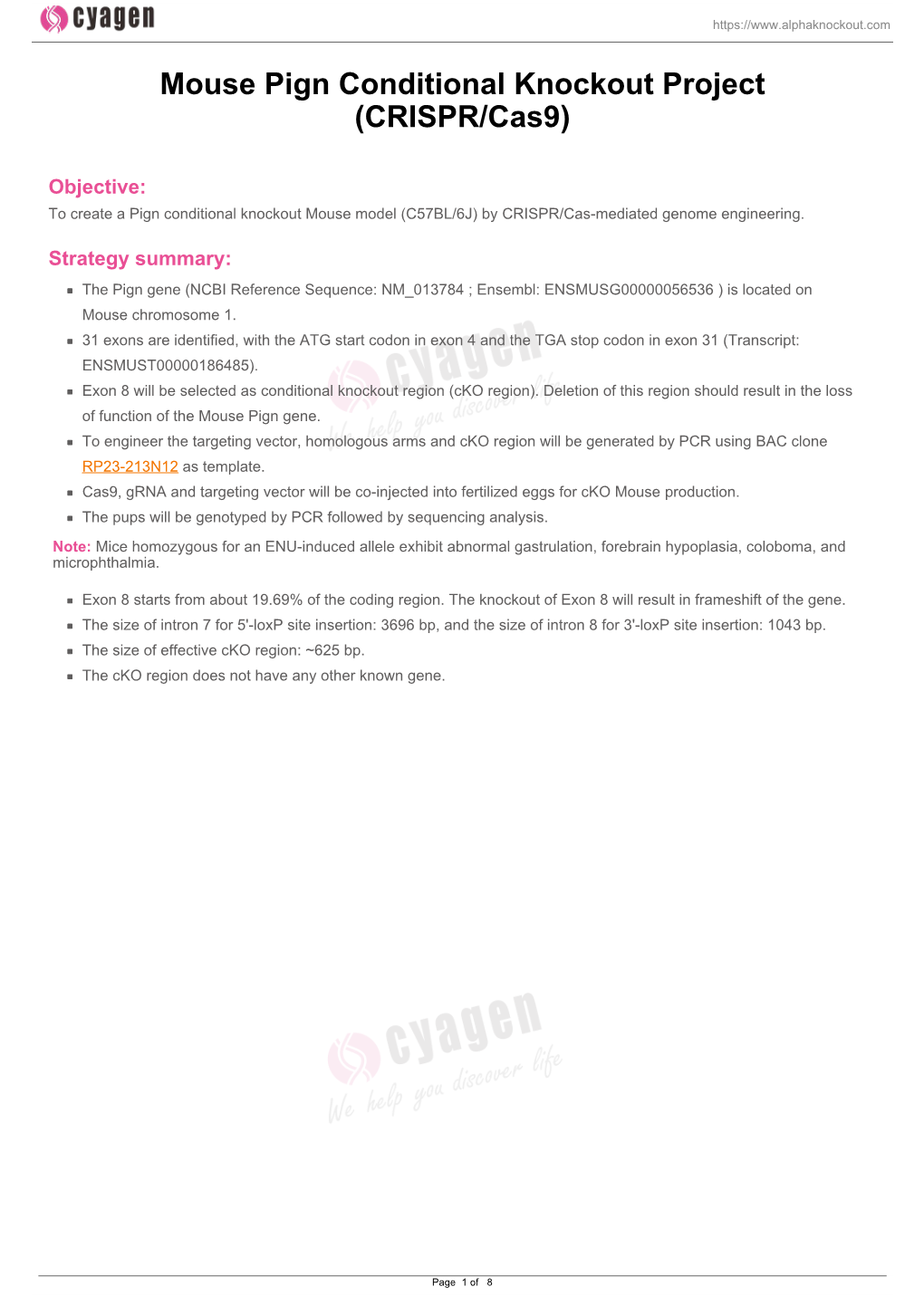 Mouse Pign Conditional Knockout Project (CRISPR/Cas9)