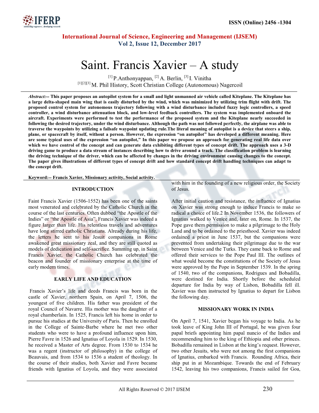 Saint. Francis Xavier – a Study [1] P.Anthonyappan, [2] A