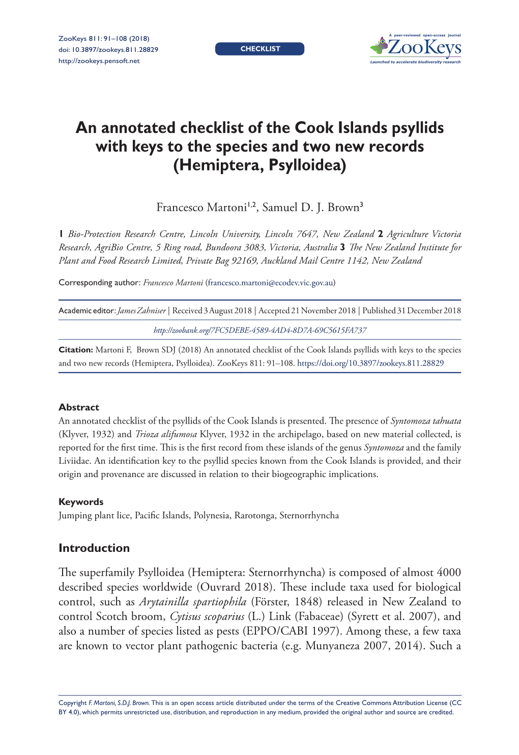 An Annotated Checklist of the Cook Islands Psyllids with Keys to the Species and Two New Records (Hemiptera, Psylloidea)