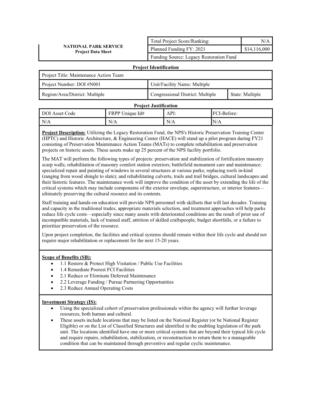 Project Data Sheets for National Park Service