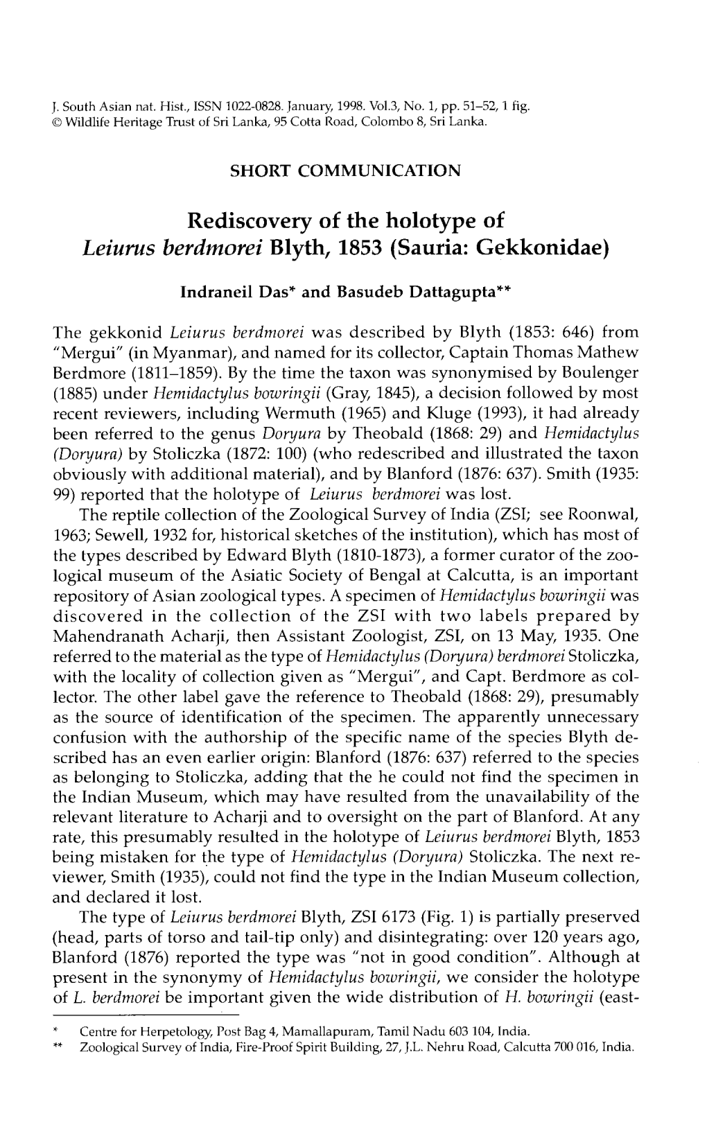 Rediscovery of the Holotype of Leiurus Berdmorei Blyth, 1853 (Sauria: Gekkonidae)