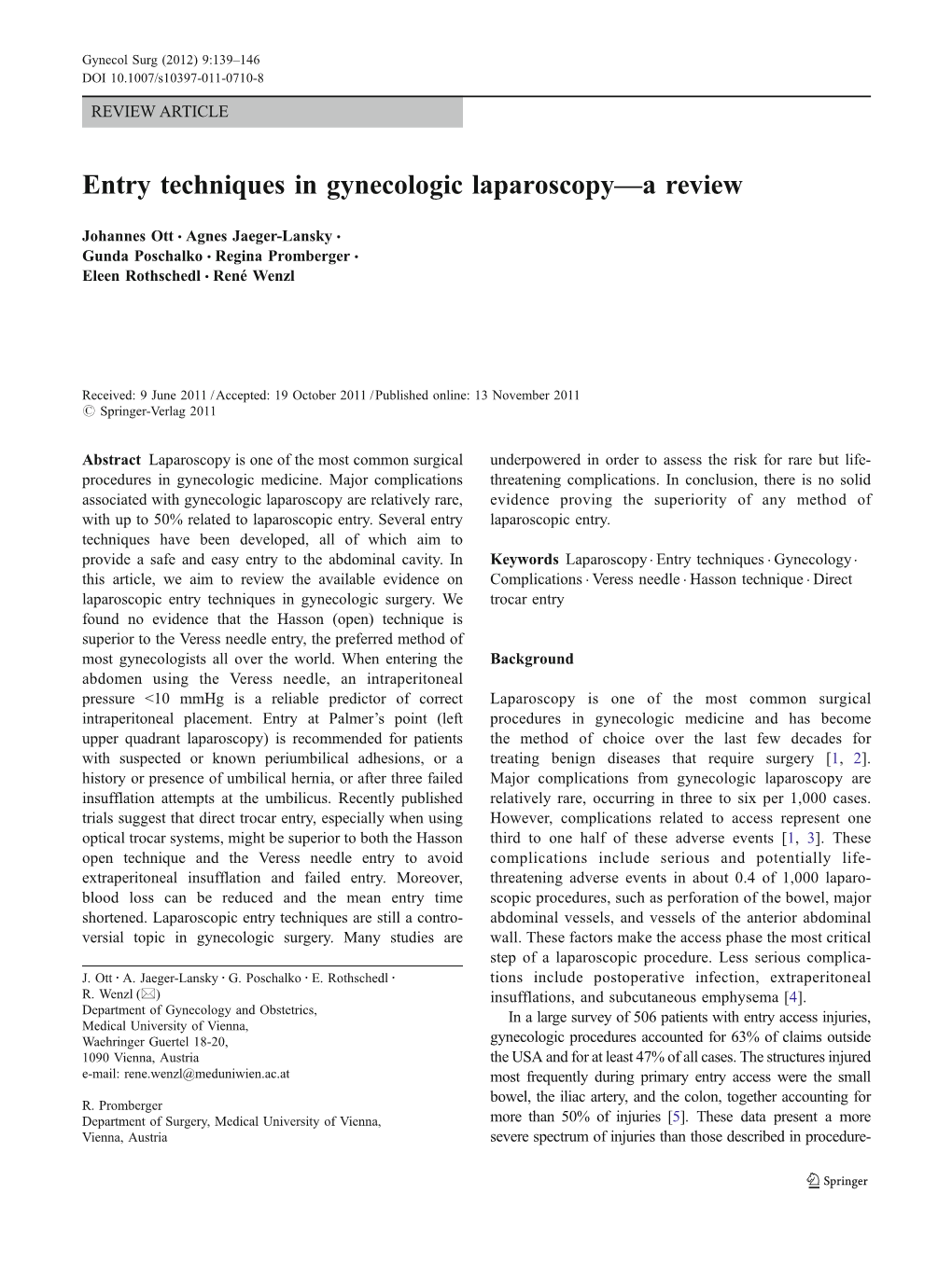 Entry Techniques in Gynecologic Laparoscopy—A Review