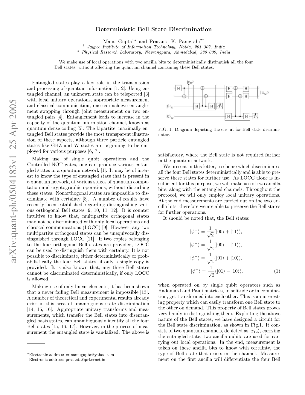 Arxiv:Quant-Ph/0504183V1 25 Apr 2005 † ∗ Elsae 1,1,1] Oee,I H Rcs Fmea- Is of Above the Process the Vandalized