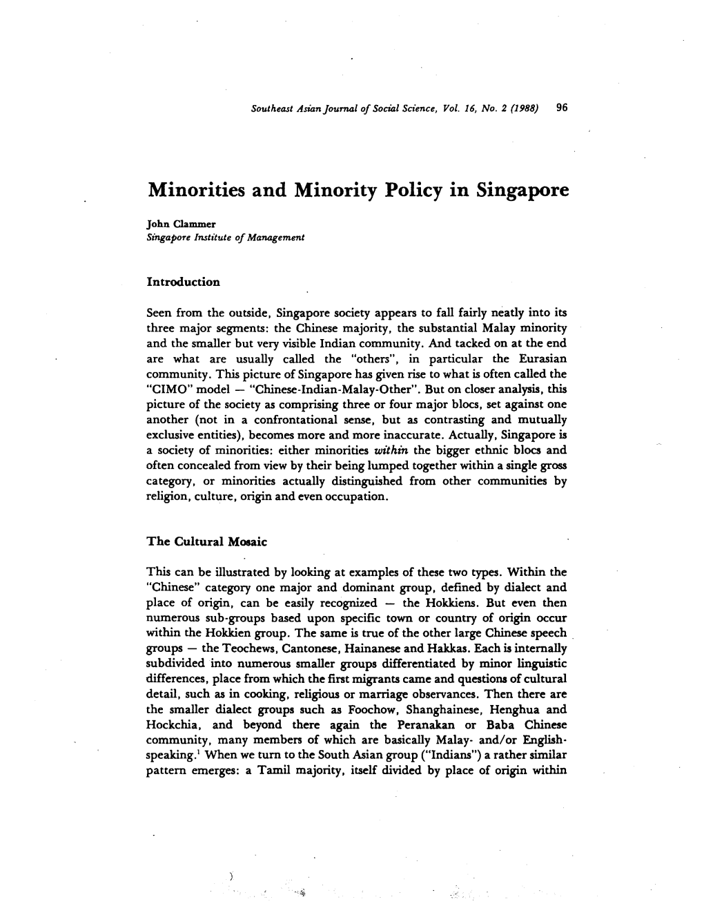 96 Minorities and Minority Policy in Singapore John Clammer