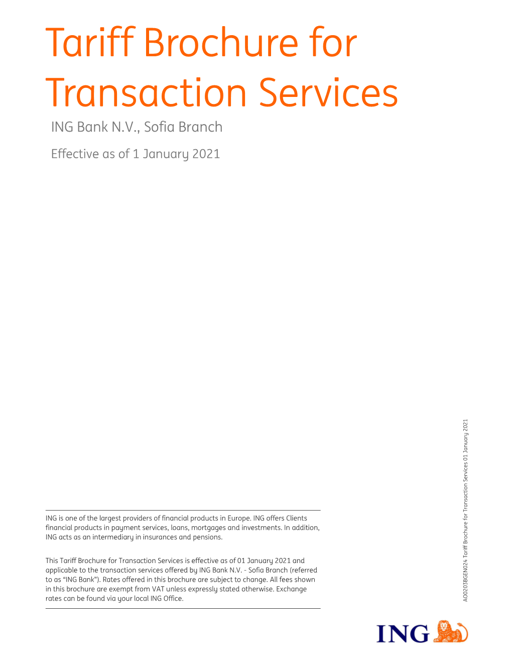 Tariff Brochure for Transaction Services ING Bank N.V., Sofia Branch