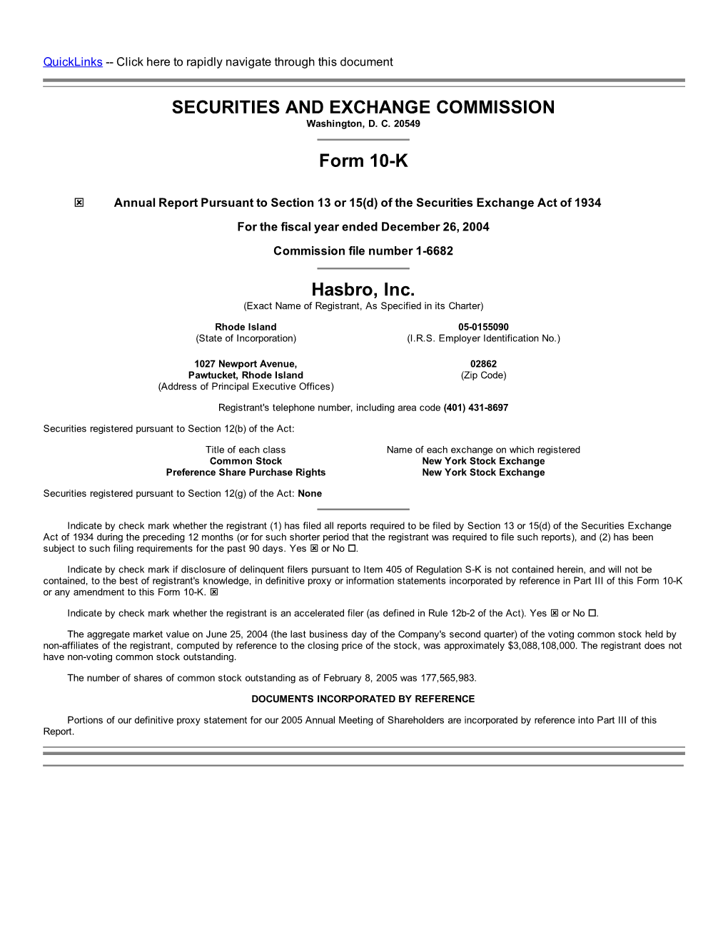 SECURITIES and EXCHANGE COMMISSION Form 10-K Hasbro, Inc