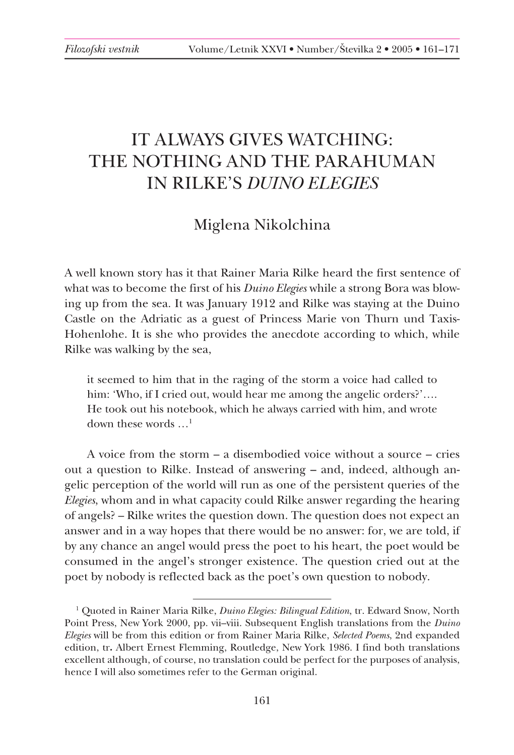 It Always Gives Watching: the Nothing and the Parahuman in Rilke's Duino