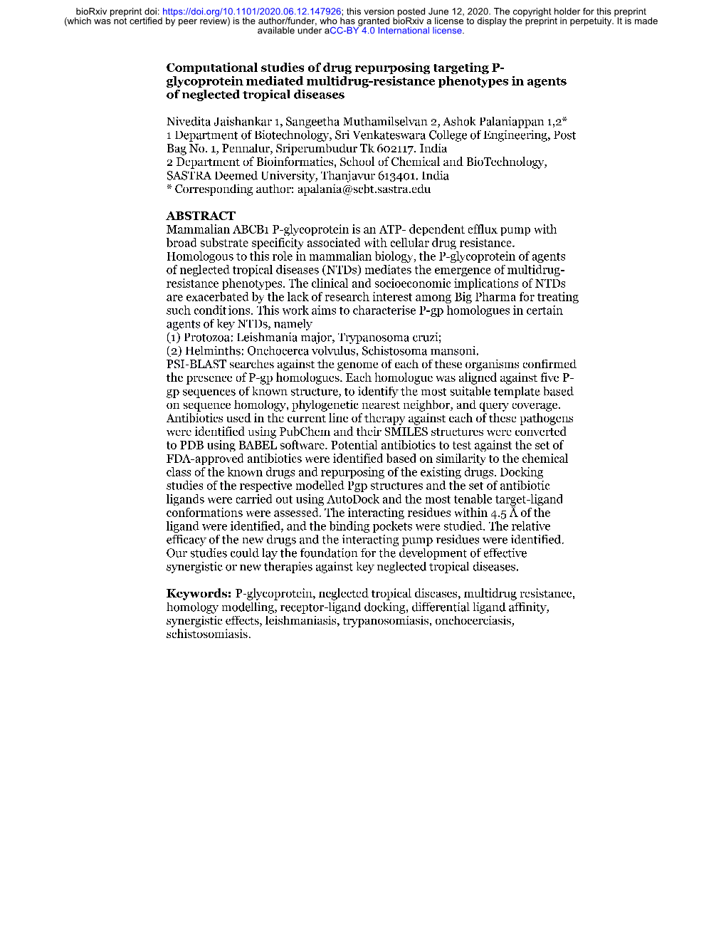 Computational Studies of Drug Repurposing Targeting P-Glycoprotein Mediated Multidrug-Resistance Phenotypes in Agents of Neglect