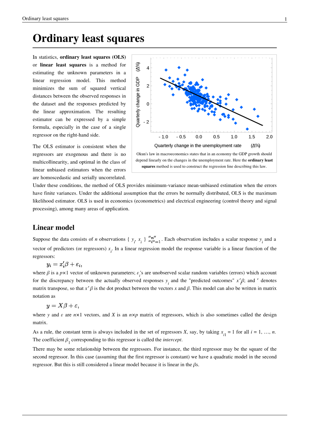 Ordinary Least Squares 1 Ordinary Least Squares