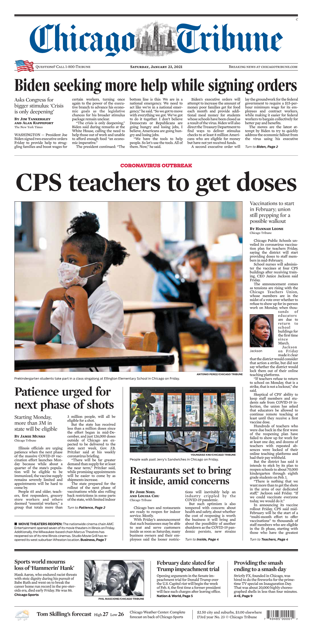 CPS Teachers to Get Doses Vaccinations to Start in February; Union Still Prepping for a Possible Walkout by Hannah Leone Chicago Tribune
