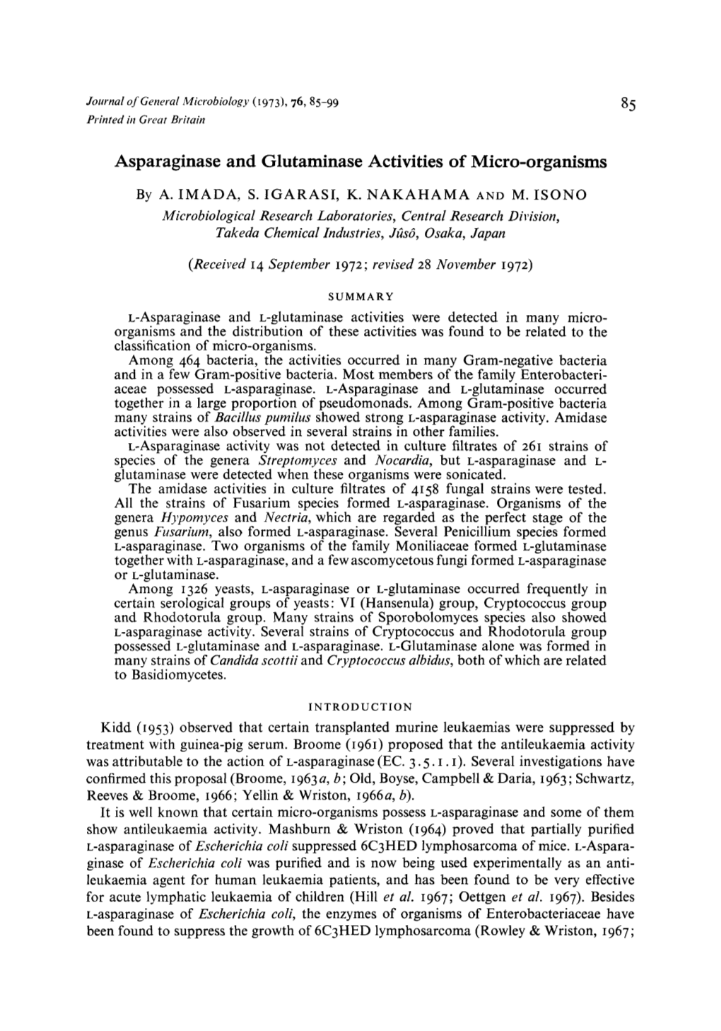 Asparaginase and Glutaminase Activities of Micro-Organisms