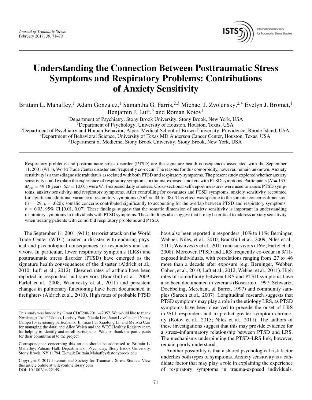 Understanding the Connection Between Posttraumatic Stress Symptoms and Respiratory Problems: Contributions of Anxiety Sensitivity